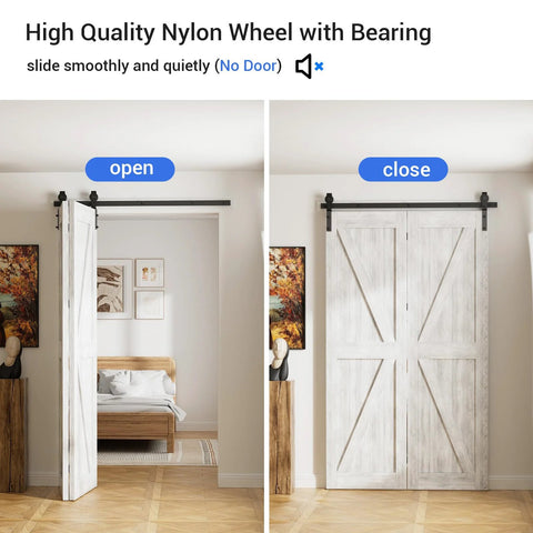 Bi-Folding Sliding Barn Door Hardware Kit For Two Doors, black track, J-shape rollers, ultra quiet, installed on wooden doors.