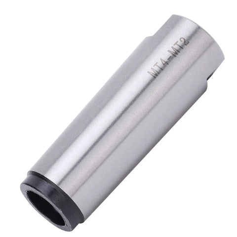 Morse taper drill sleeve MT4-MT2 adapter, silver metal, hollow bore, side view.
