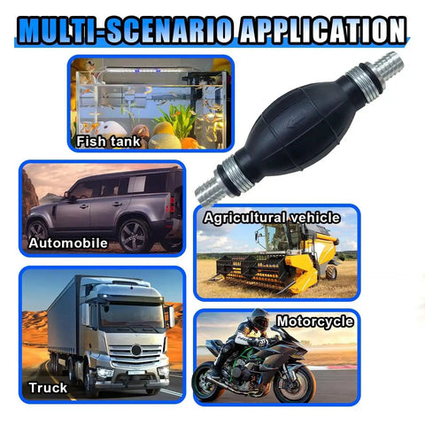 Fuel Line Hand Primer 12mm Rubber One Way Manual Fuel Pump Siphon for cars, boats, motorcycles; black rubber with aluminum fittings.