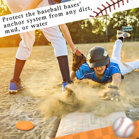 Player sliding into base on dirt field with 8 Pack Rubber Baseball Base Plugs For Field Ground Receptacles Orange in background