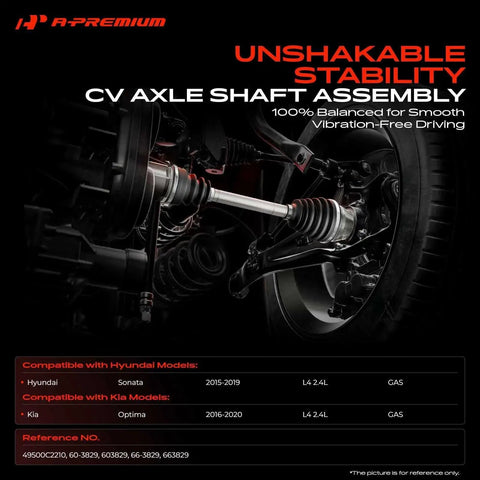 CV Axle Shaft Assembly Front Left Driver Side For Hyundai Sonata 2015 To 2019 And Kia Optima 2016 To 2020 2.4L Gas L4 ABS Ring Included Replace 60 3829 49500C2210 installed on vehicle
