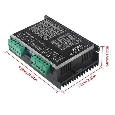 2 Pack CNC Digital Stepper Driver DM556 Stepper Motor Controller showing dimensions and connectors