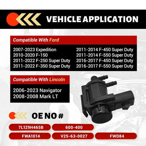 Image showing Beefed-Up 4x4 Vacuum Solenoid Locking Hub Actuator Replacement for 2007-2024 Ford F150 F250 F550 Super Duty Expedition Lincoln Navigator OE 7L1Z9H465B 600400FWA1014 by LOKFASISHA with application chart.