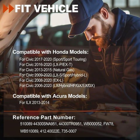 Mechanic checking engine for front wheel bearing hub assembly compatibility with Honda Civic and Acura ILX models.