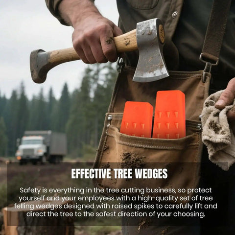 Tree Felling Wedges With Spikes 6 Pack 8 Inch And Five And A Half Inch Wedges With Storage Bag And Six Felling Dogs in tool belt