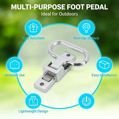 Front-angled view of a 316 stainless steel folding foot pedal with spring-loaded hinge and mounting base