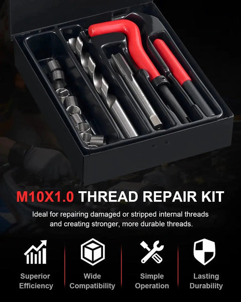 M10x1.0 Helicoil Thread Repair Kit With 10 Inserts, HSS Drill Bits, Taps, Hex Wrench And Break Off Tools For Auto Engines, Spark Plugs And Industrial Machinery Rethreading