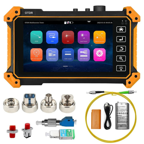 WANLUTECH OTDR fiber tester in orange rugged case with touchscreen, plus adapters, cables, and battery pack.