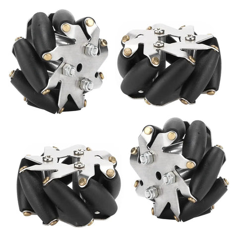 4-pack Beefed Up Mecanum Wheel Set for robot car, 48mm steel wheels with 8 TPR rollers, high load capacity up to 3Kg per wheel.