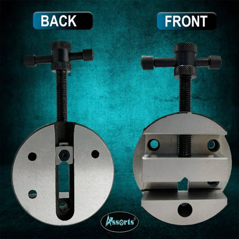 Front and back view of round milling vise with 80 mm base built tough for 3 and 4 inch rotary milling indexing tables with cast iron clamp.