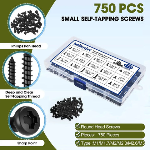 750 Pcs Self Tapping Screws For Plastic And Metal M1.7 To M3 Phillips Pan Head Tiny Black Carbon Steel Micro Electronic Screws Assortment Kit