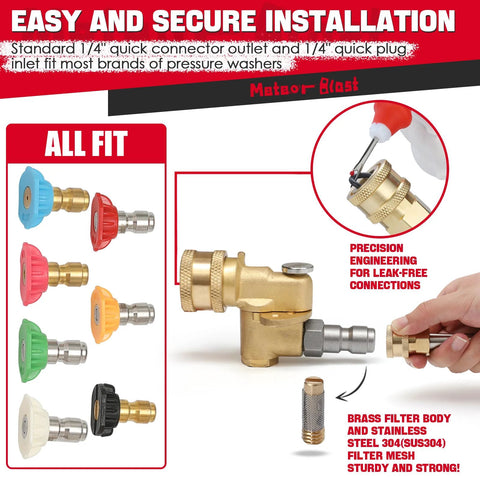 Meteor Blast pivoting brass pressure washer coupler with 1/4 inch QR and stainless safety lock; shows assorted colored nozzle tips.