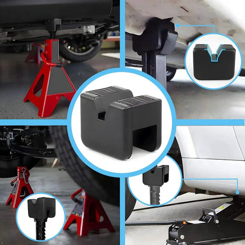 8 Pack Dual Design Rubber Jack Pads For Floor Jacks With V Groove And Round Pads shown in use on vehicles.