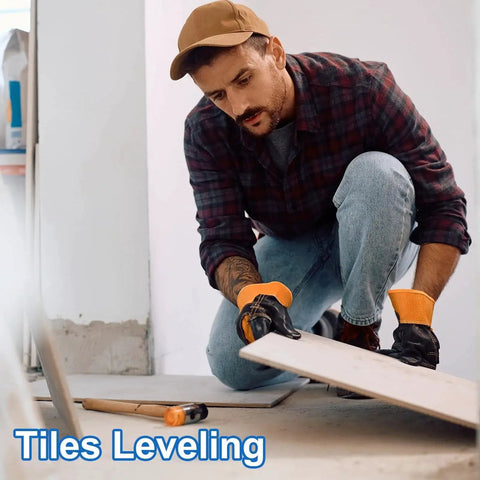 Man installing tiles using 20 Pcs Plastic Flat Shims For Leveling 3mm Structural Tile Shims, focused on leveling floor surface.