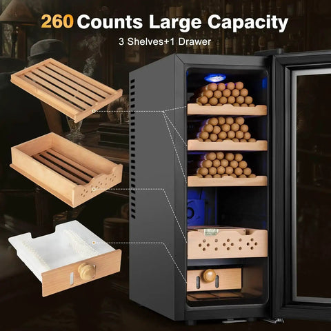 Open view of Electric Cigar Humidor Cabinet With 35L Capacity Precise Temperature And Humidity Control showing shelves and cigars.