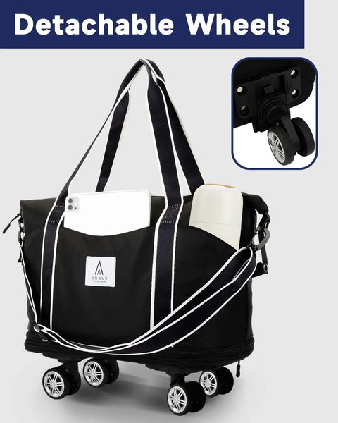Versatile Rolling Duffle Bag With Detachable Wheels And Adjustable Shoulder Strap for easy travel, showing bag with pockets and wheels.