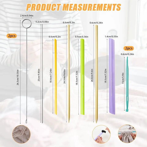 10 Piece Tube Turner Sewing Tool Set For Fabric Turning With Assorted Sizes Three Sixteenths Of An Inch Three Eighths Of An Inch And One Half Inch Cylinders Pro Grade DIY Sewing Tools For Tubes Straps And Precise Edge Turning product measurement chart with different tube sizes and tools in background.