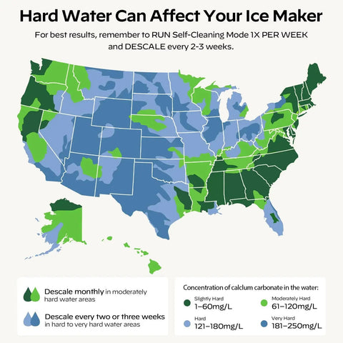 Map of the USA showing hard water areas affecting countertop nugget ice maker with self cleaning function 33 lbs per day