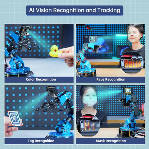 LewanSoul blue 6DOF robotic arm with AI vision; color, face, tag, and mask recognition