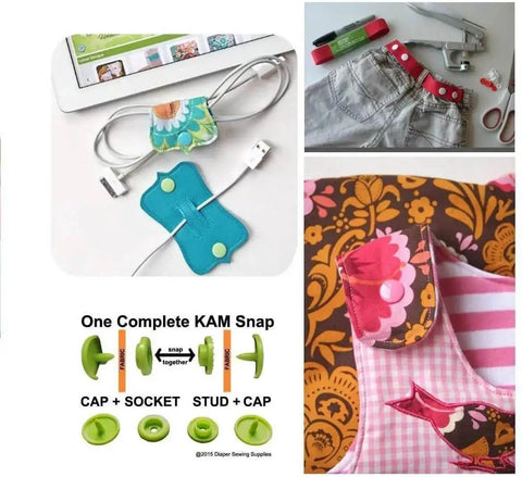 Snap Fasteners Kit With Pliers, 420 Complete Sets In 14 Colors, shown in use on fabric and electronic cable organizer, with pliers and snap guide.