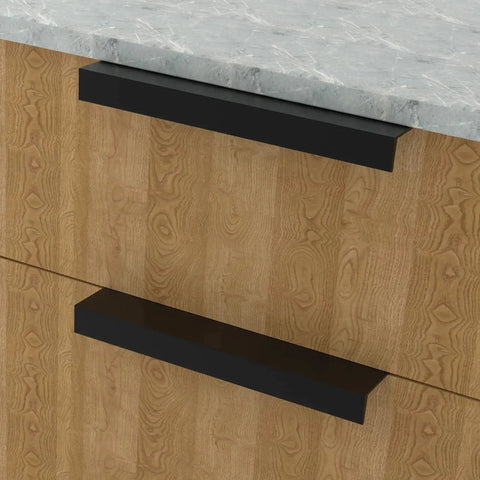 Matte Black Finger Pulls For Cabinets And Edge Drawer Handles For Kitchen shown installed on wooden drawer, front view