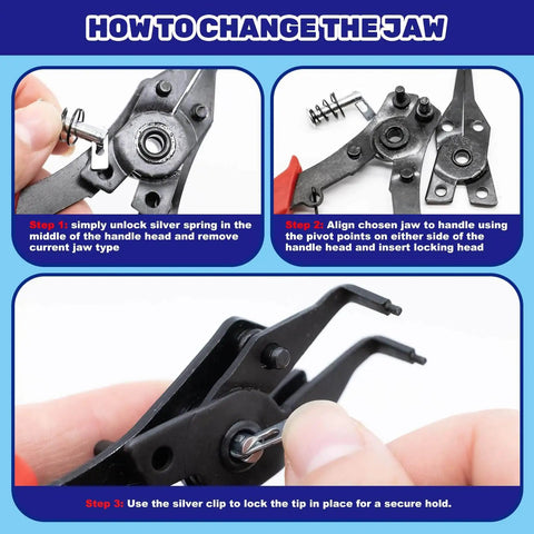 Instructions on changing jaw of Must Have Ultimate C Clip External Retaining Ring Set With 4 In 1 Snap Ring Pliers And Precision Hooks