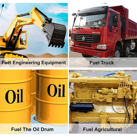 Collage of fuel-related equipment: excavator, red truck, yellow oil drums, and engine