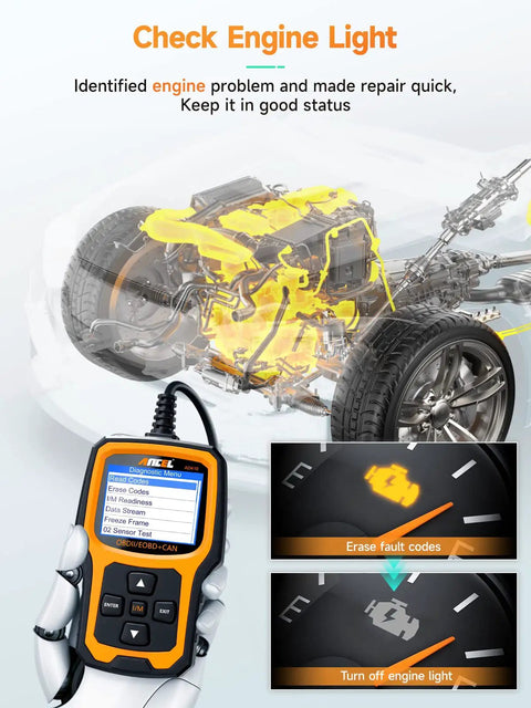 Enhanced OBD2 Scanner For Check Engine Light Reads Codes Fast With ANCEL AD410 Vehicle Code Reader displayed with vehicle diagnostics.