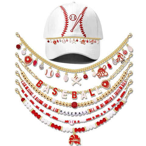 Six Piece Baseball Trucker Hat Chains for Women and Men Detachable DIY Hat Jewelry Beaded Charms Style D, with baseball-themed designs