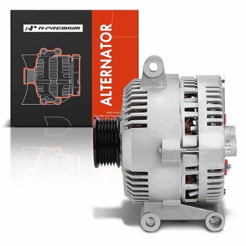 Side view of Beefy 12V 130Amp Alternator For Ford F150 1997 To 2003 And E Series Vans E150 E250 1997 To 2003 Explorer with box