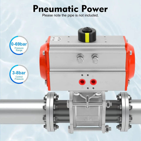2-inch pneumatic ball valve with spring-return actuator mounted on stainless steel pipe (three-piece design).