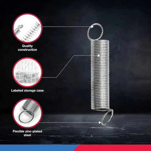 Close-up of a 200 Piece Spring Assortment Kit With Zinc Plated Steel Compression And Extension Springs Assorted Sizes For Home Repairs