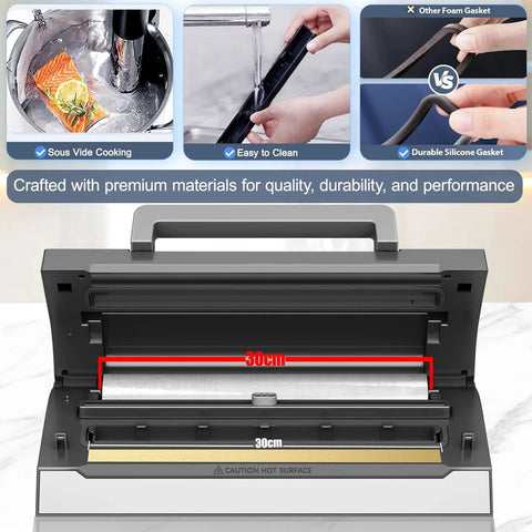 Upgraded Precision Fast Vacuum Sealer For Fresh Food Storage And Meal Prep Liwunon Stainless Steel Commercial Full Automatic Food Vacuum Sealer Machine With Double Heat Seal Built In Cutter And Bag Storage Includes 2 Bag Rolls And Hose, open with 30cm sealing width shown.