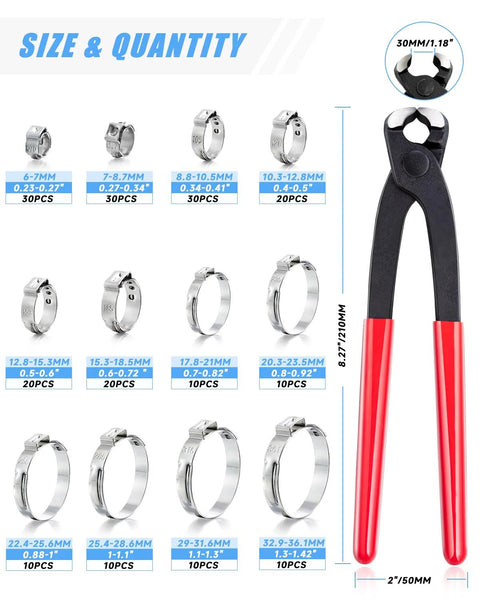 PEROMI 210 pcs single-ear hose clamp set, stainless steel, 12 sizes 6–36mm, includes plier tool
