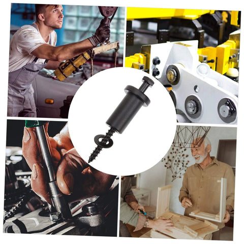 Collage showing various tools and machinery with central focus on black screw anchor.