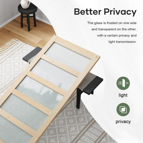 Glass Sliding Barn Door Kit 34 By 84 Inch with Six Feet of Hardware, Five Panel Frosted Glass, Spruce Wood Frame on table.