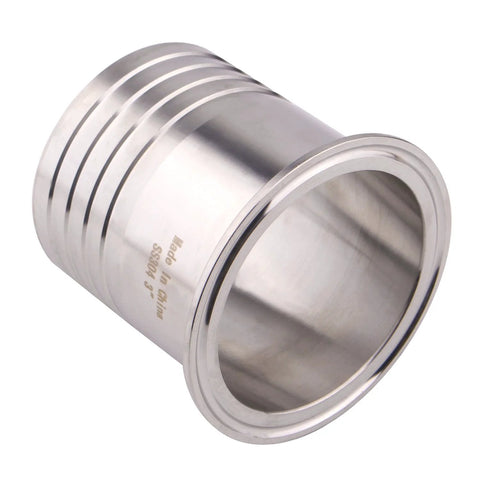 3-inch tri-clamp to hose barb adapter in SUS304 stainless steel, a sanitary hose fitting, side view