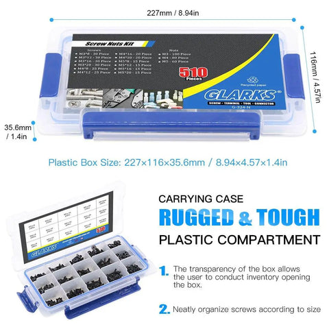 510 Piece Metric M3 M4 M5 Alloy Steel Socket Cap Screws And Nuts Kit with Hex Head Flat Head Bolts in Transparent Box