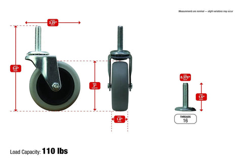 3 Inch Threaded Stem TPR Caster With 110 Lb Load Capacity, Gray TPR Wheel On Black Polypropylene Hub, Ball Bearing Swivel, Three Eighths Inch Threaded Stem, One And A Half Inch Stem Length, For Quick Secure Installation With 16 Nuts, Quiet Non Marking