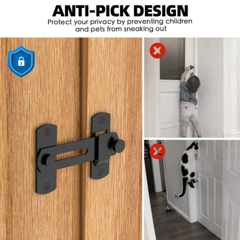 180 Degree Flip Sliding Barn Door Lock for Privacy shown installed on wooden door preventing children and pets from opening