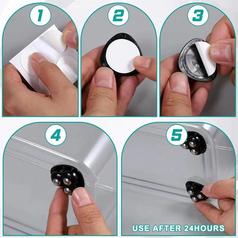 Installation steps for 12 Pieces Self Adhesive Appliance Rollers With 360 Degree Rotation Caster Wheels for small appliances.