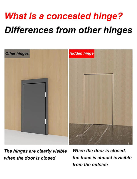Comparison of traditional hinges vs. concealed hidden hinge on a cabinet door, illustrating invisibility when closed.