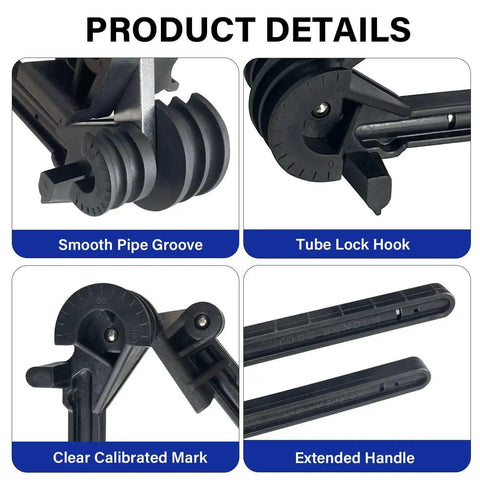 Product details of 4 In 1 Tube Bender For Copper Brass Aluminum And Thin Steel Pipes showing smooth groove, lock hook, calibrated mark, and handle