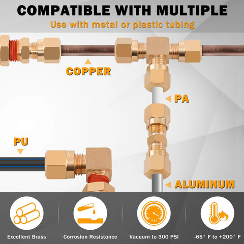 Close-up of brass DOT air brake line compression fittings, assorted sizes for copper and aluminum tubing