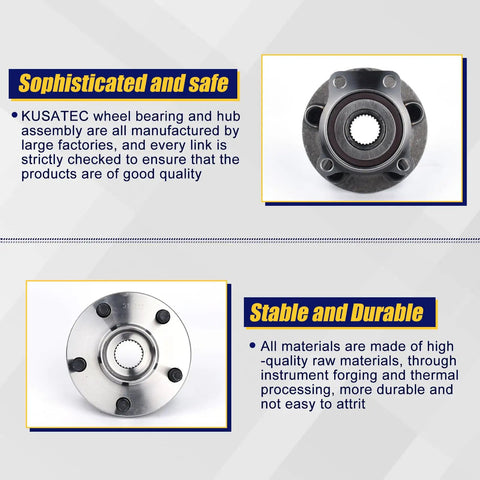 Plug And Play Front Wheel Bearing And Hub Assembly For Subaru Forester 2008 2014 Impreza 2008 2013 XV Crosstrek 2013 2014 Outback Legacy 2005 2014 5 Lug ABS Front Wheel Hub Replacement OE Grade Durable And Easy Install showing front and back view with product details and quality features