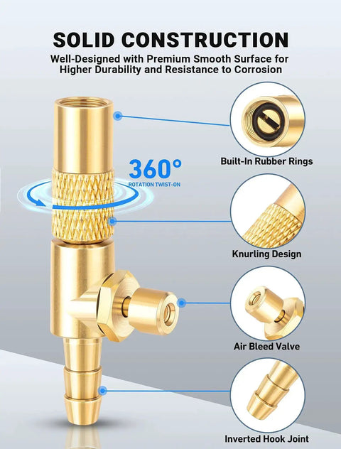 2-Pack Screw On Air Chuck With One Quarter Inch Barb End For Portable Air Compressors showcasing brass knurling and air bleed valve.