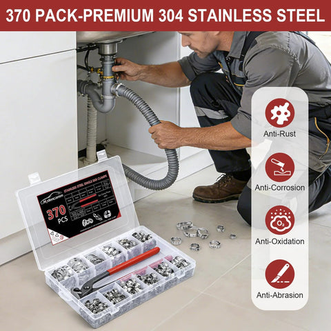 Hydencamm 370-pack stainless hose clamps kit, 15 sizes, 5.3–33.1 mm, 304 stainless, in a clear plastic case