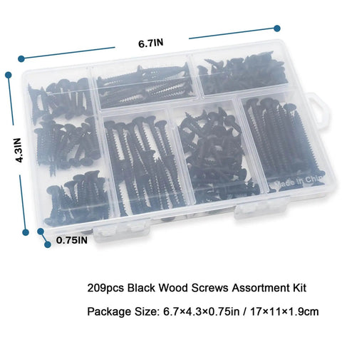 Six Size Black Wood Screws Kit With 209 Pieces For Wood And Drywall Projects, Phillips Drive Flat Head in storage case