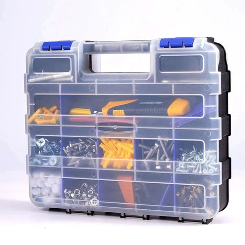 Double Side 34 Compartment Small Parts Organizer Box With Removable Dividers For Screws Nuts Bolts Nails Hardware Tools And Craft Supplies Heavy Duty Storage Case Ideal For Home Garage Workshop Two Pack, showing transparent lid and compartments.