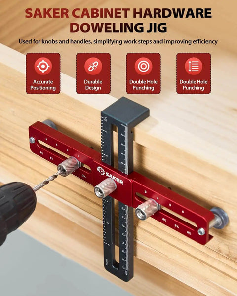 Cabinet Hardware Doweling Jig for Knobs and Pulls, 6.5 inch aluminum drill guide in use on wood